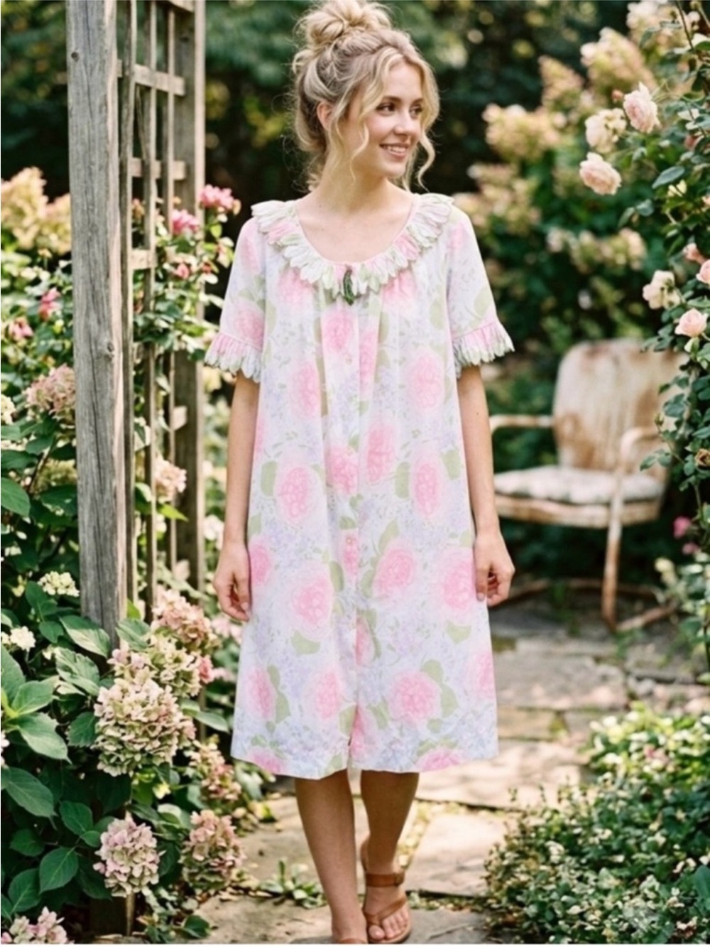 Vintage house dress rose petal trim floral cottagecore 2 pc set